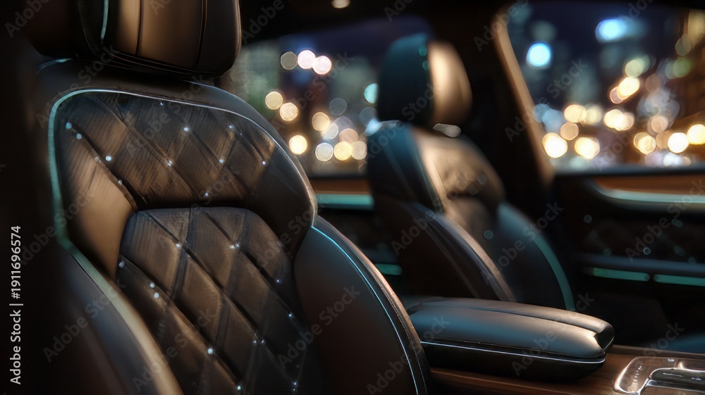 Naklejka premium Luxurious automotive interior featuring diamond quilted leather seating with integrated ambient fiber optic lighting illuminating the cabin at night