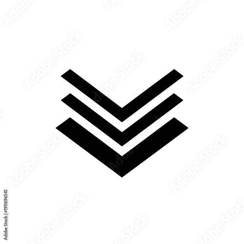 A minimalist icon featuring three stacked downward-pointing chevrons, black on white background