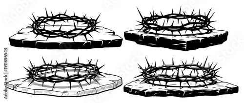 Detailed set of crown of thorns symbols on stone slabs in vintage engraving style
