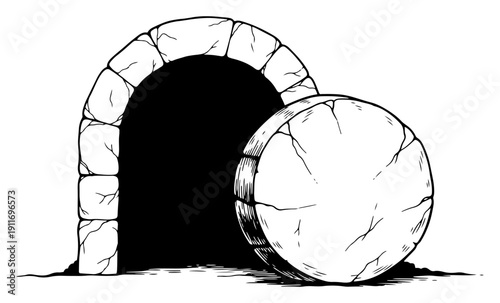 Hand drawn illustration of the empty tomb with the stone rolled away for Easter resurrection theme
