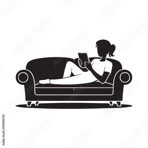 Woman relaxing on a couch while using a digital tablet in a comfortable position at home with a calm atmosphere.