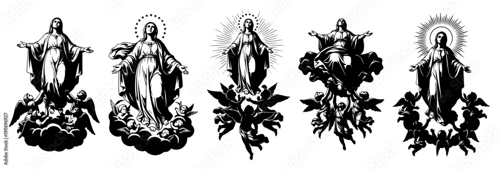 Ταπετσαρία Collection of virgin mary silhouettes surrounded by little angels and clouds in