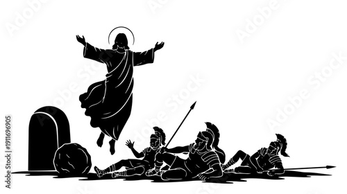 Resurrection of jesus christ showing the savior rising from the tomb with roman soldiers present