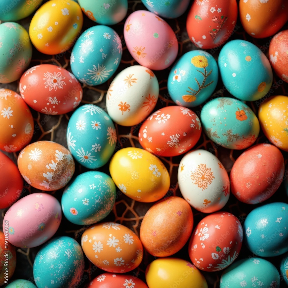 Fototapeta premium Colorful Easter Eggs Decorated with Floral Patterns in a Vibrant Arrangement