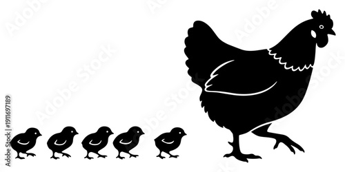 Black silhouette of a mother hen followed by five little chicks walking in a row