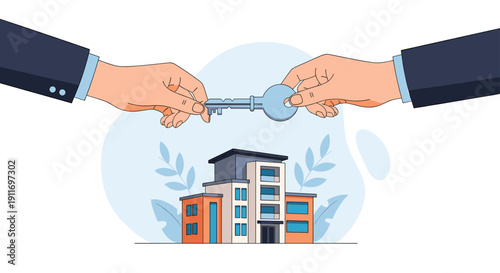 Hands of professional business people exchange a key over a modern residential building signifying a real estate property sale.
