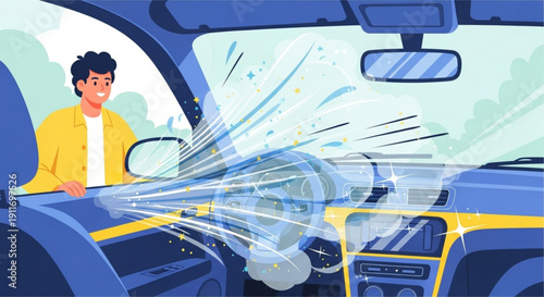 Man experiences car windshield shattering while driving on road with motion blur