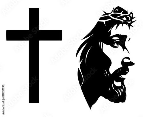 Detailed silhouette profile of jesus christ with crown of thorns and a christian cross