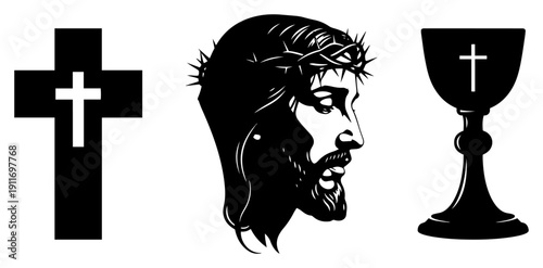 Collection of three black and white christian icons featuring jesus christ cross and chalice