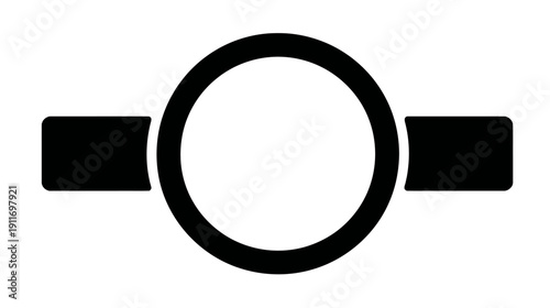 A black and white graphic featuring a centered thick circle with two rectangular shapes attached