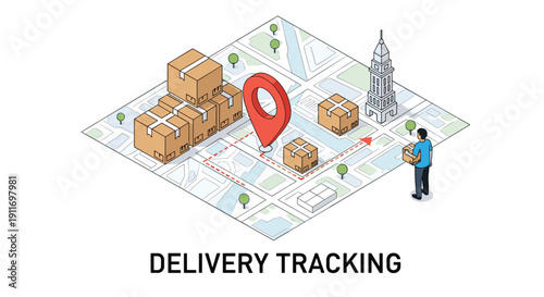 Detailed isometric map showing a delivery tracking process with multiple packages a red location pin and a delivery worker.