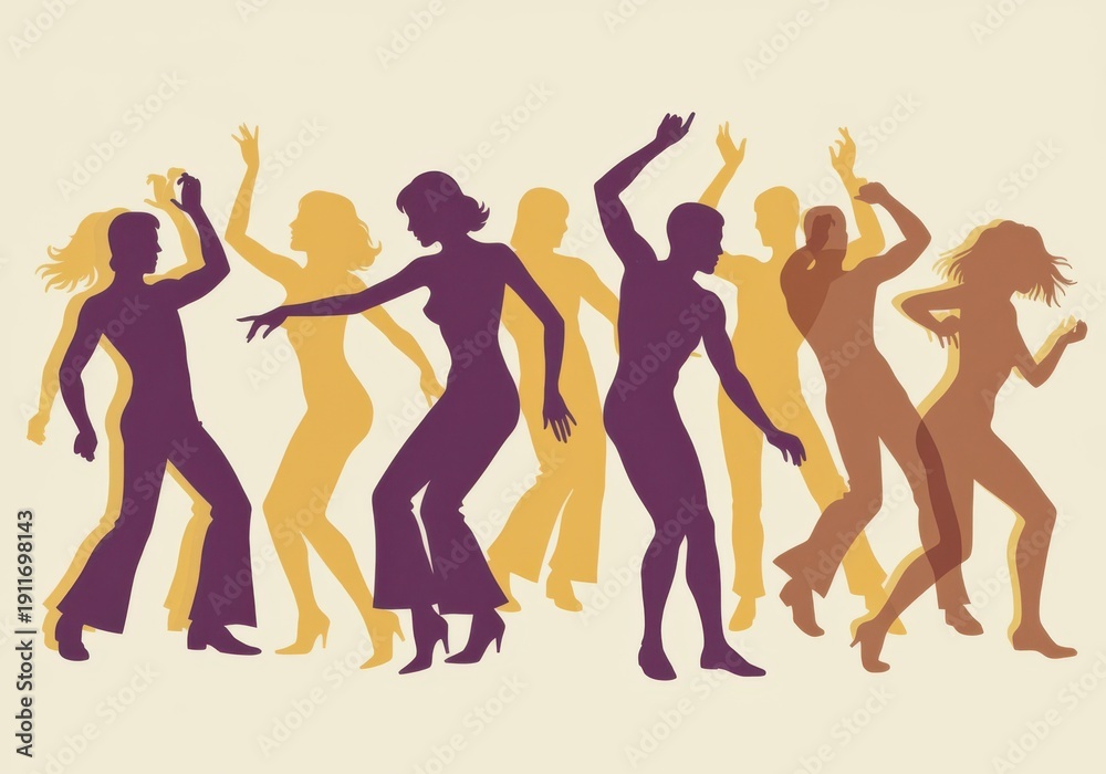 Fototapeta premium A vintage-style illustration of silhouetted people dancing in a disco.