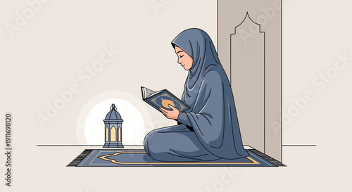 Muslim Woman Reading Quran on Prayer Mat with Lantern