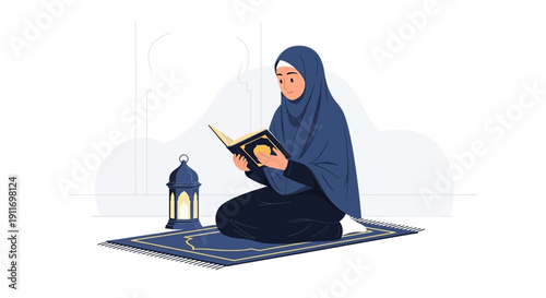 Muslim Woman Reading Quran on Prayer Mat with Lantern