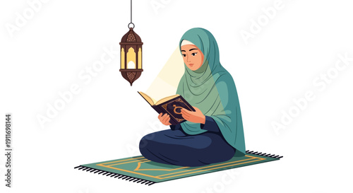 Muslim Woman Reads Holy Book Quran on Prayer Mat Under Lantern Light