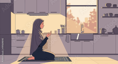 Woman in Hijab Praying in Kitchen at Sunrise, Peaceful Islamic Devotion