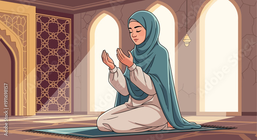 Woman in Hijab Praying in Mosque, Islamic Culture, Spirituality, Devotion