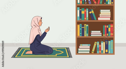 Woman in hijab praying on rug near bookshelf, Islamic devotion, spiritual practice