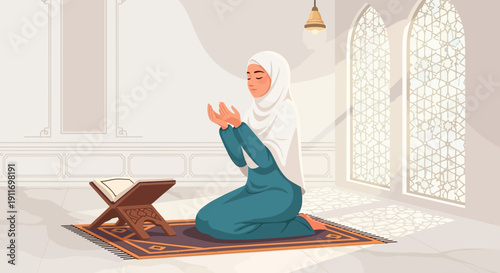 Woman in Hijab Praying on Rug with Quran Stand in Sunlit Room