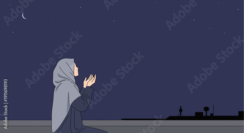 Woman in Hijab Praying Under the Night Sky with Stars and Crescent Moon