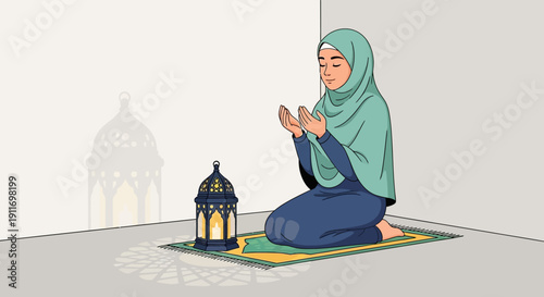 Woman praying in hijab, kneeling on prayer mat with lantern, peaceful Islamic devotion