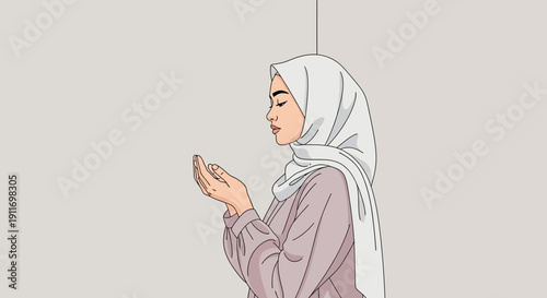 Young Muslim Woman Praying with Hands Raised, Wearing Hijab, Peaceful Expression