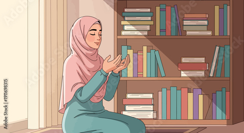 Young Muslim Woman Praying with Hands Raised in a Quiet Room with Bookshelf