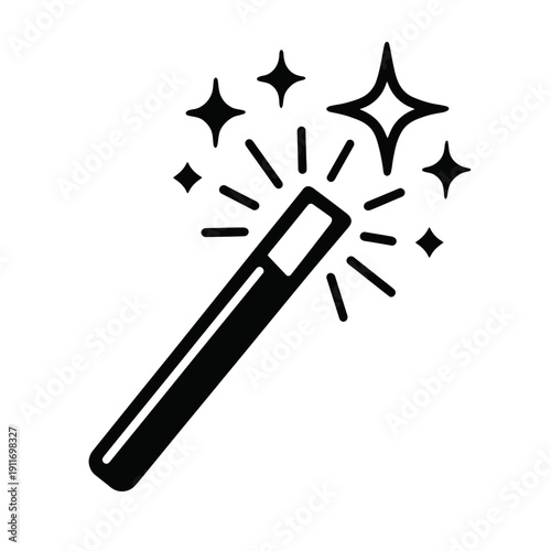 A minimalist black and white icon of a magic wand with brilliant, shimmering sparkles, symbolizing enchantment, fantasy, and transformation. This elegant graphic evokes wizardry and fairy tales, perfe