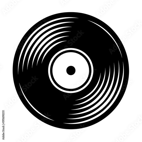 Iconic black vinyl record illustration with distinct concentric grooves and a classic white center label, embodying vintage music, analog sound, and the golden era of audio, perfect for retro themes,