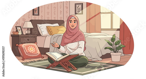 Young Muslim Woman Reading Quran in Bedroom