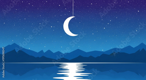 Crescent moon hanging over serene mountain lake at night with starry sky