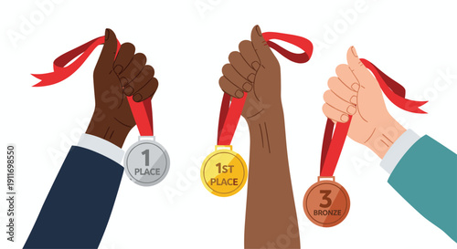 Three hands of diverse skin tones proudly hold up first second and third place medals with red ribbons representing victory.