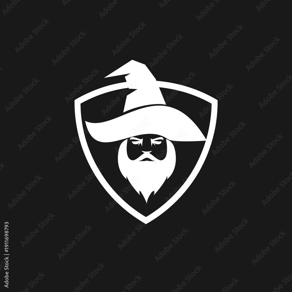 Fototapeta premium Minimalist Bearded Wizard Head in Pointed Hat Shield Logo Design
