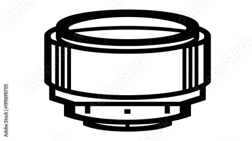 Isometric, thick-lined representation of a cylindrical photography lens with adjustable rings