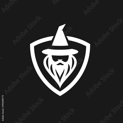 Minimalist Wizard Head Logo in Shield Design with Pointy Hat and Beard, Graphic Illustration