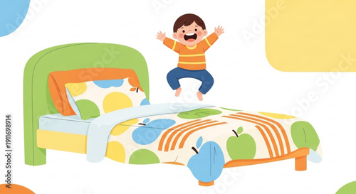 Happy child jumping on colorful bed with green headboard and apple patterned bedding