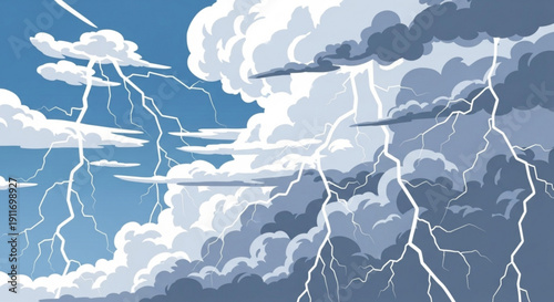 Dramatic stormy weather with lightning bolts and dark clouds in a blue sky