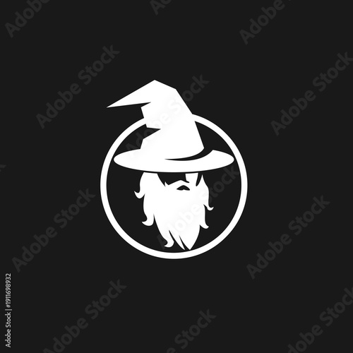 Wizard Head Logo with Pointed Hat and Long Beard Silhouette in a Circle