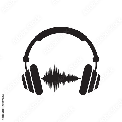 Simple black and white graphic illustration of headphones with sound waves emanating from the center symbolizing music and audio technology effectively.