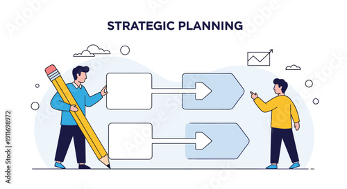 Team of business professionals engaged in strategic planning using a giant pencil to outline their vision and objectives.
