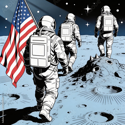 Astronauts on the Moon: Three astronauts, one proudly bearing the flag, embark on a lunar journey, symbolizing human exploration and achievement in the vast expanse of space.