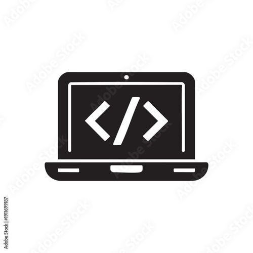 Simple black and white icon of a laptop displaying coding symbols on its screen representing programming and software development.