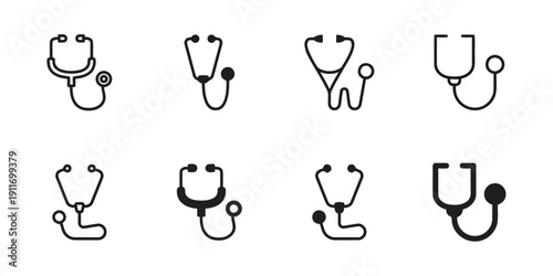 Set of stethoscope icons in various outline and solid styles