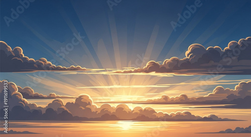 Vibrant sunset with sun rays breaking through fluffy clouds in a serene blue sky with warm orange hues and soft lighting