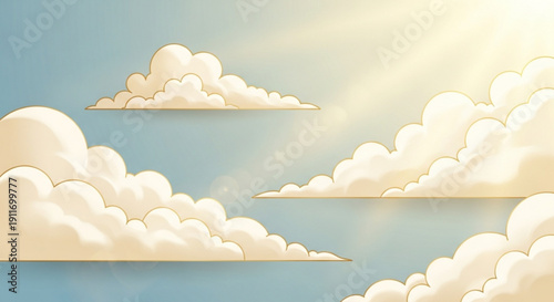 Fluffy white clouds in blue sky with sunshine and rays layered cumulus formation