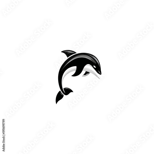 A stylized orca breaching from the water against a stark white backdrop. Black and white illustration