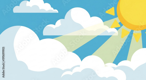 Sun shining through white clouds on a bright blue sky with sunshine rays