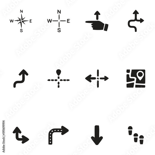 Set of twelve black icons illustrating navigation symbols and directional signs