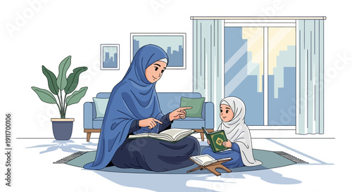 Muslim mother teaching daughter Quran at home, Islamic family education, learning religious book