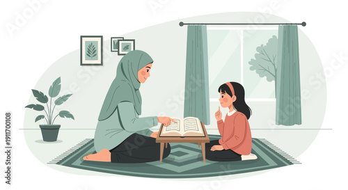 Muslim Mother Teaching Daughter Quran at Home